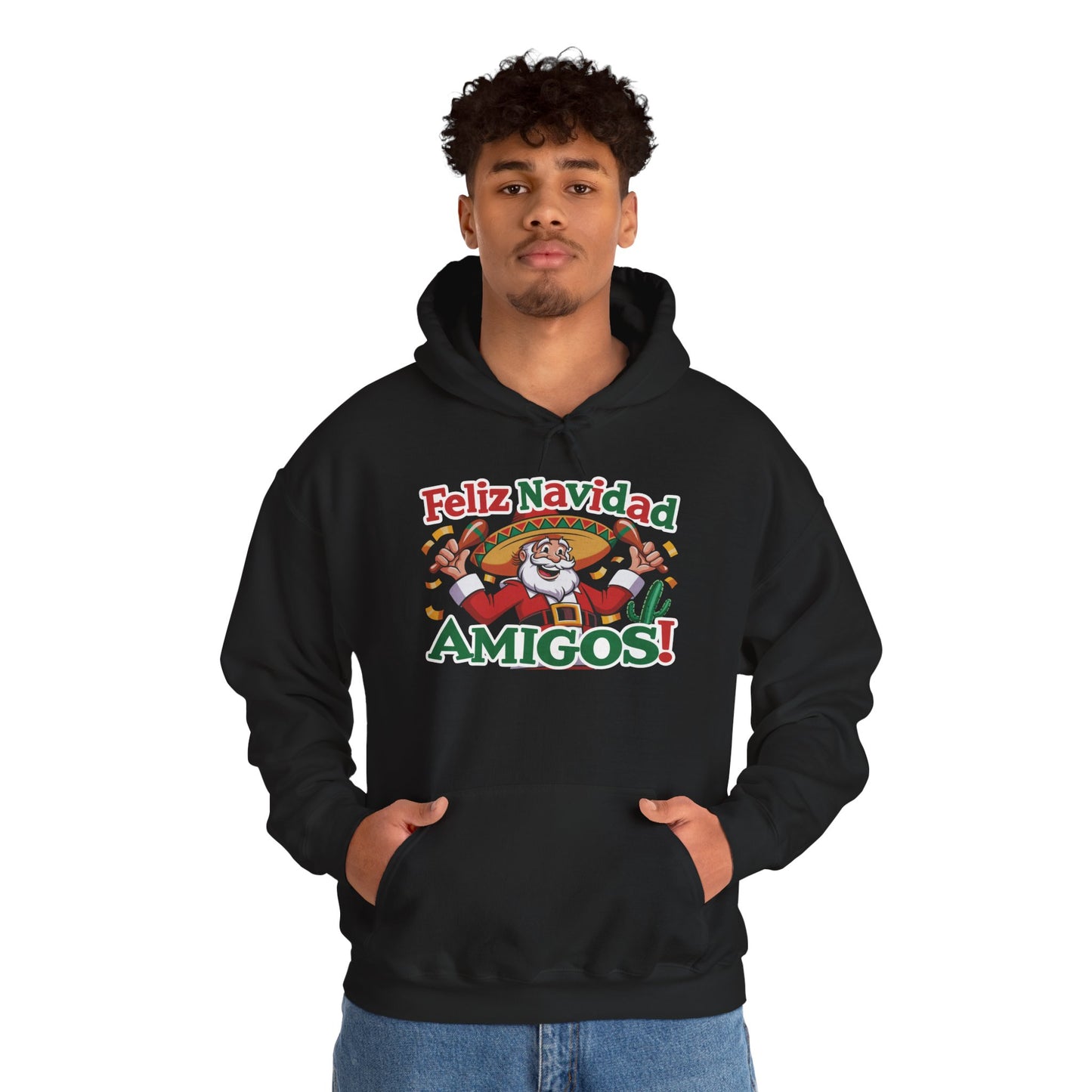 Feliz Navidad Amigos Hoodie, Funny Mexican Santa Christmas Hoodie, Latin Fiesta Holiday Sweatshirt for Men