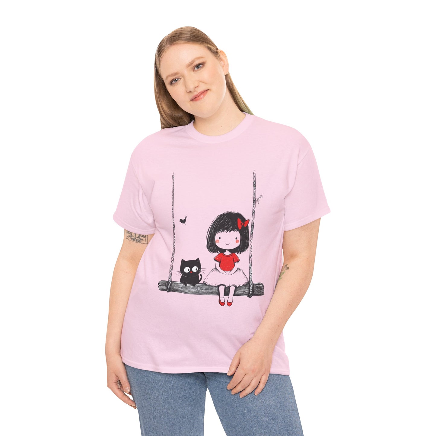 Cute Cat & Girl Graphic Tee, Playful Gift for Cat Lovers, Cat and Girl Design, Gift for Cat Owners, Women's Cotton T-Shirt