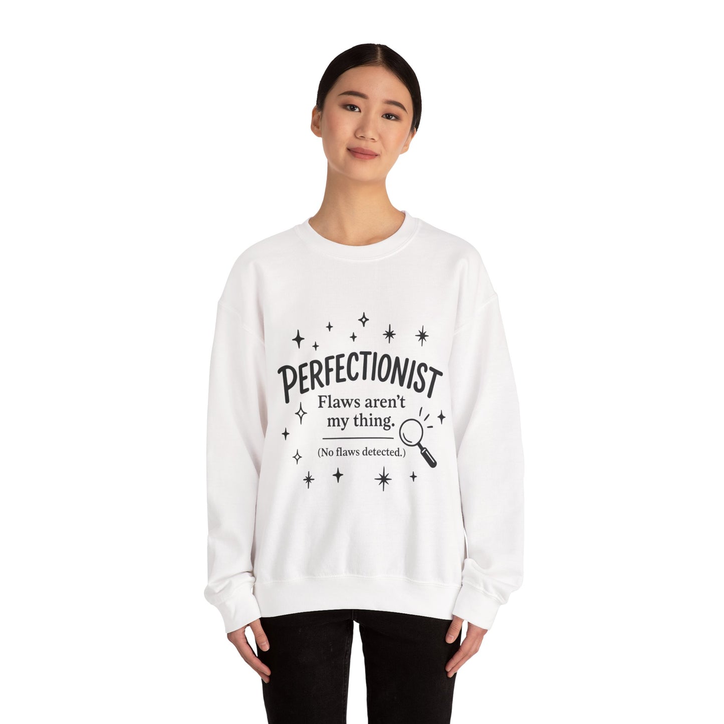 Womens Perfectionist Sweatshirt, Funny Clean Design with Stars, No Flaws Detected Quote Pullover, Minimalist Cozy Gift for Her