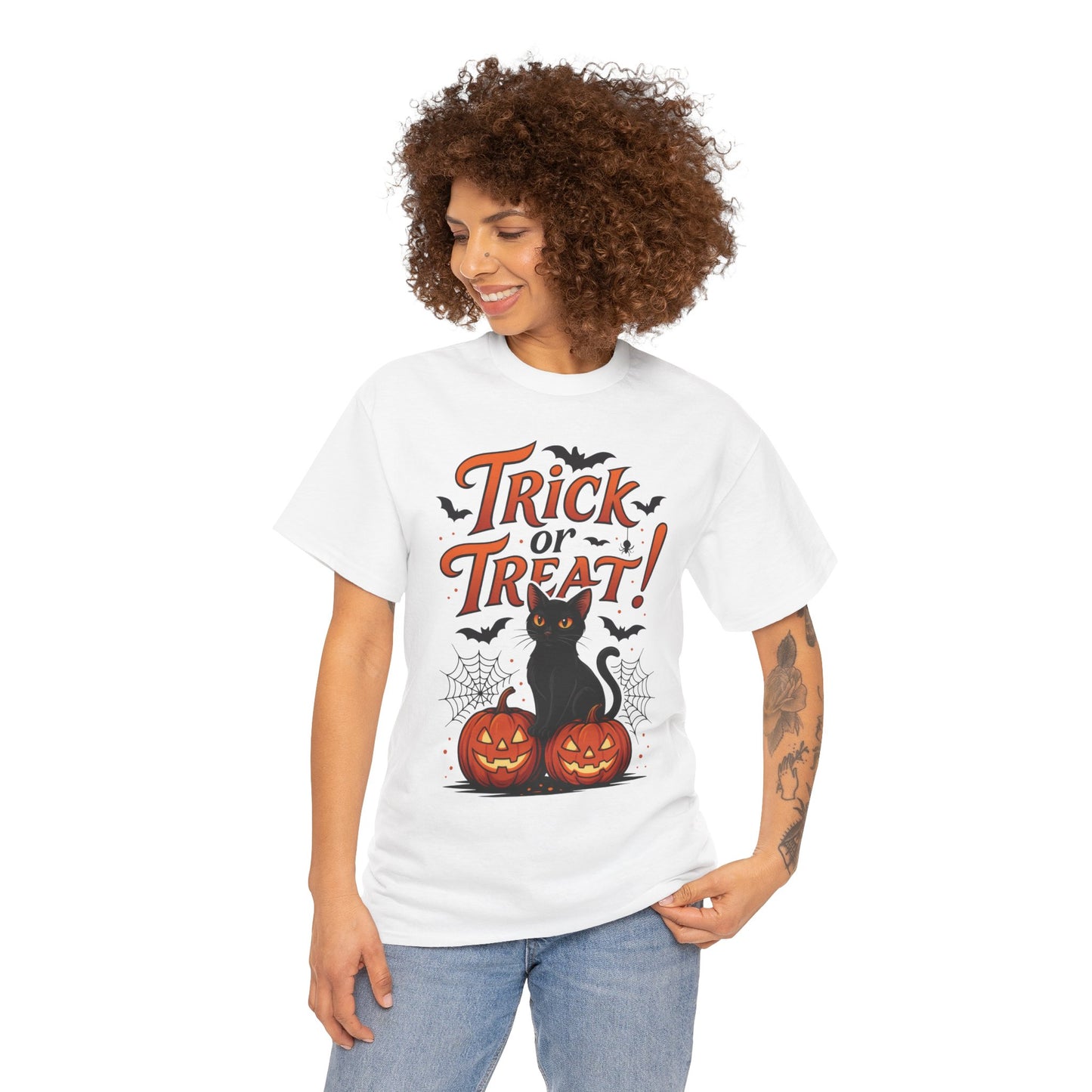 Trick or Treat Black Cat Halloween T-Shirt for Women, Spooky Cute Pumpkin Cat Tee, Fall Halloween Outfit Gift, Vintage Witchy Top
