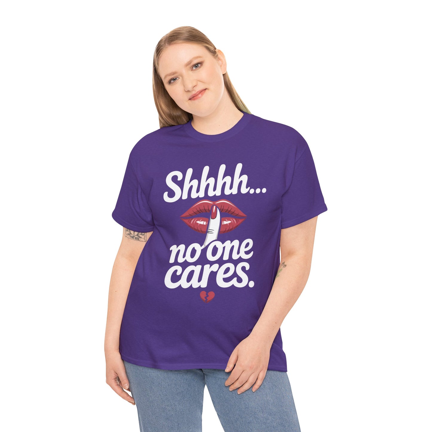 Shhh No One Cares Shirt, Sassy Funny Graphic Tee for Women, Sarcastic Lips Tank Top, Bold Attitude T-Shirt, Tee with Bold Statement Design