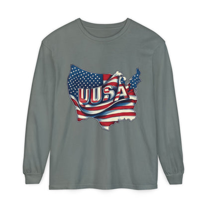 USA Flag Long Sleeve Tee, Unisex Garment-Dyed Shirt, Patriotic Top, All-American Apparel, Independence Day Style, Comfortable Casual Wear