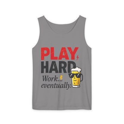 Casual Tank Top with Play Hard Print, Fun Summer Apparel, Gift for Dad or Friends, Beach Wear, Workout Top, Party Attire