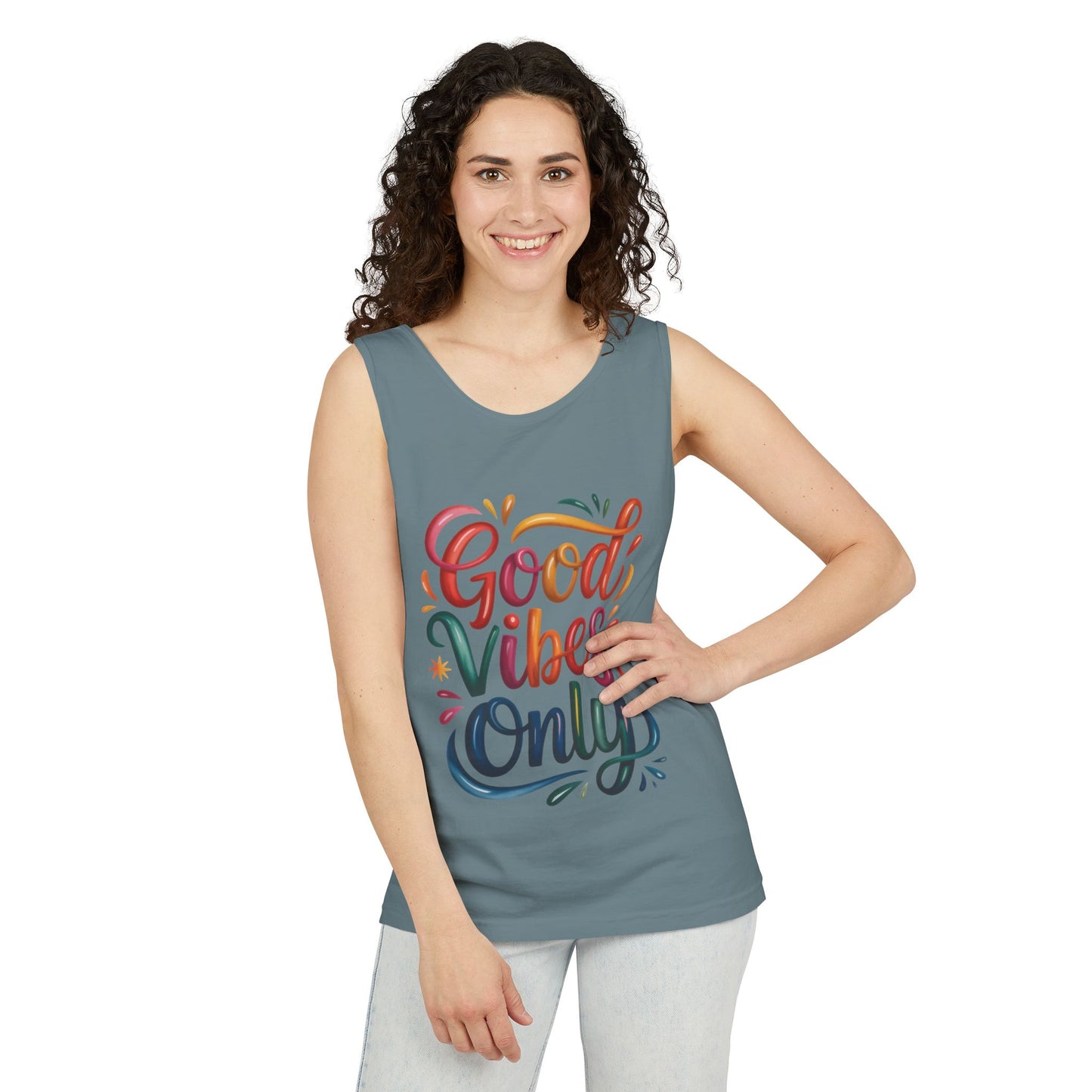 Good Vibes Only Unisex Garment-Dyed Tank Top, Summer Casual Wear, Festival Outfit, Beach Day Tee, Gift for Friends, Positive Vibes Apparel