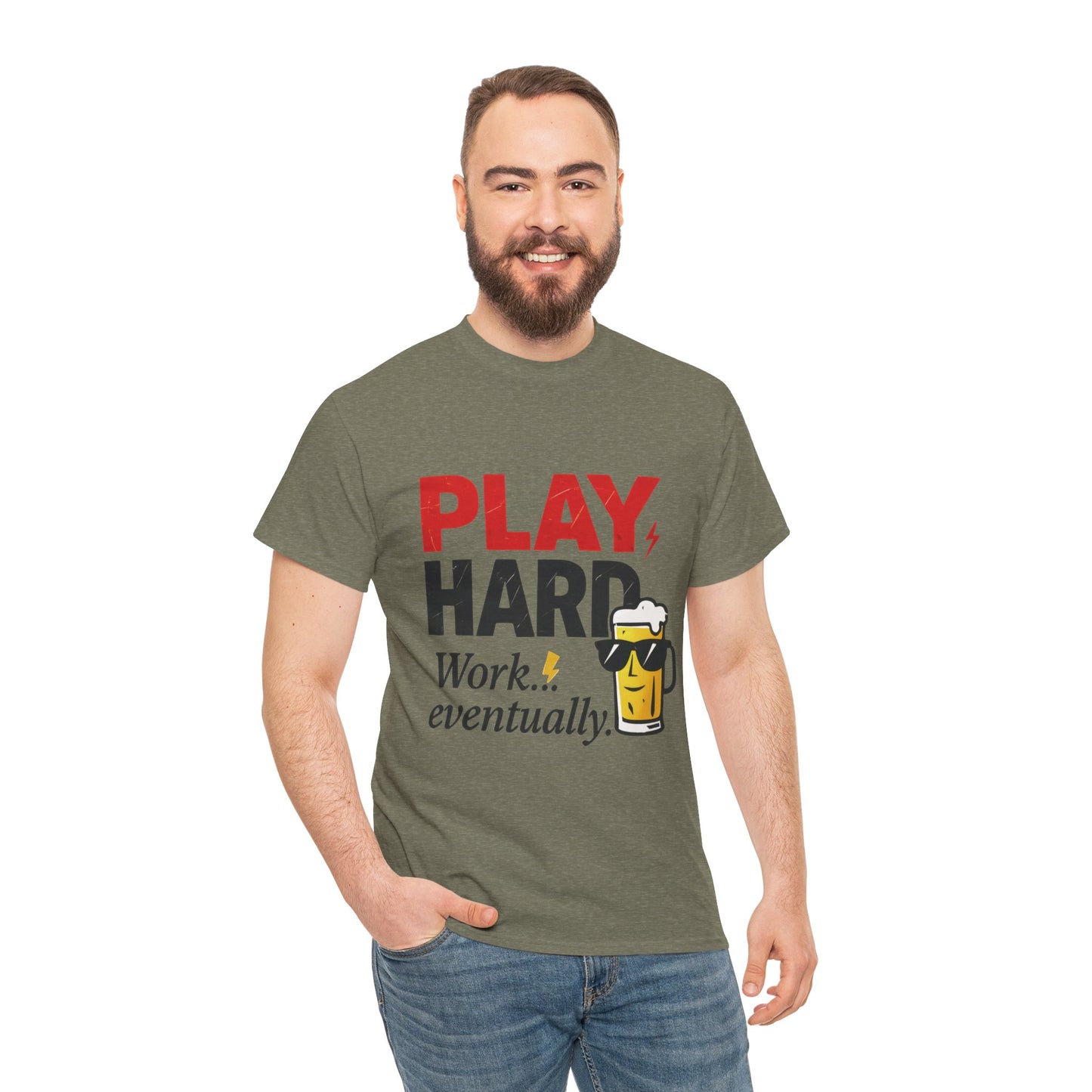 Play Hard Mens Heavy Cotton Tee, Perfect for Beer Lovers, Casual Hangouts, Parties, Gifts, and Relaxed Days