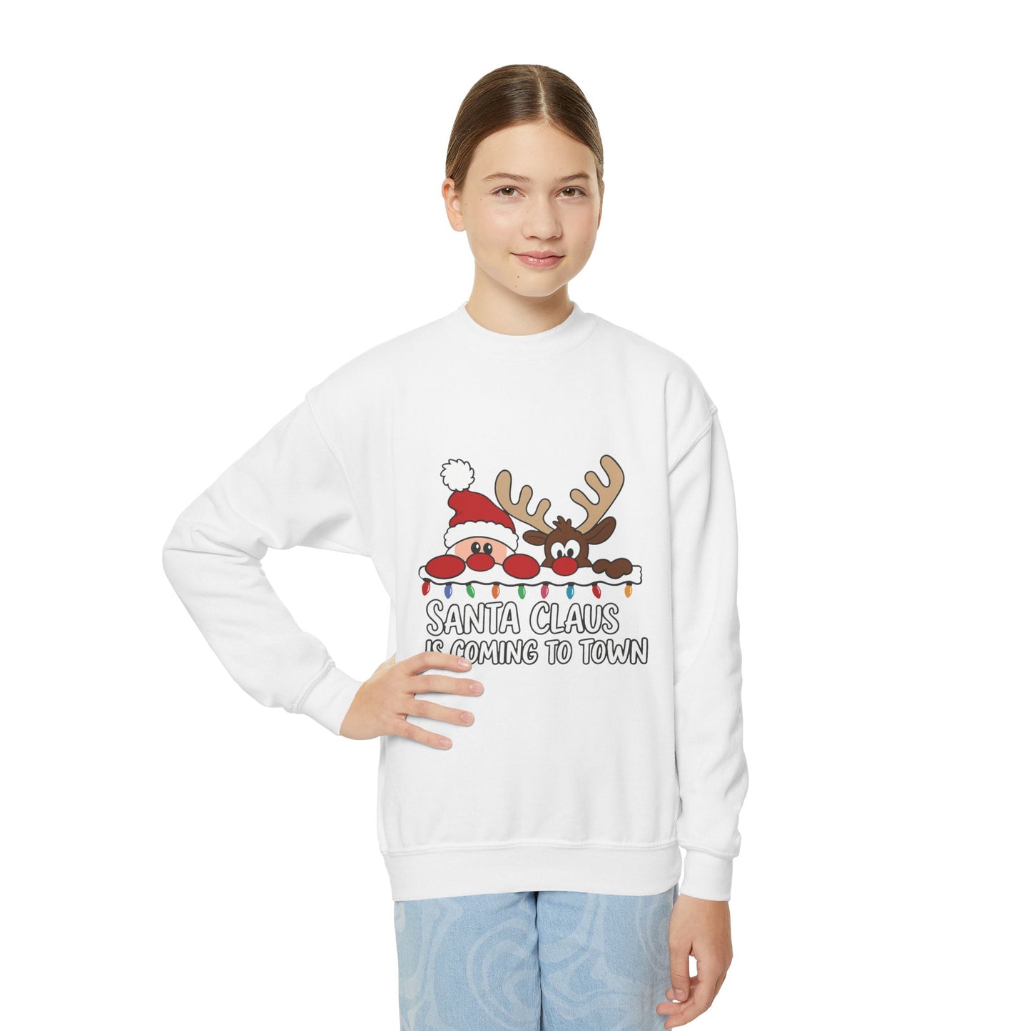 Santa Claus Is Coming to Town Kids Christmas Sweatshirt, Cute Santa - Reindeer Holiday Jumper