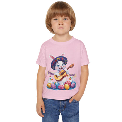 Fiesta de Pascual Toddler T-Shirt, Easter Bunny Shirt, Spring Holiday Kids Top, Adorable Gift for Toddlers, Mexican Bunny Shirt with Guitar