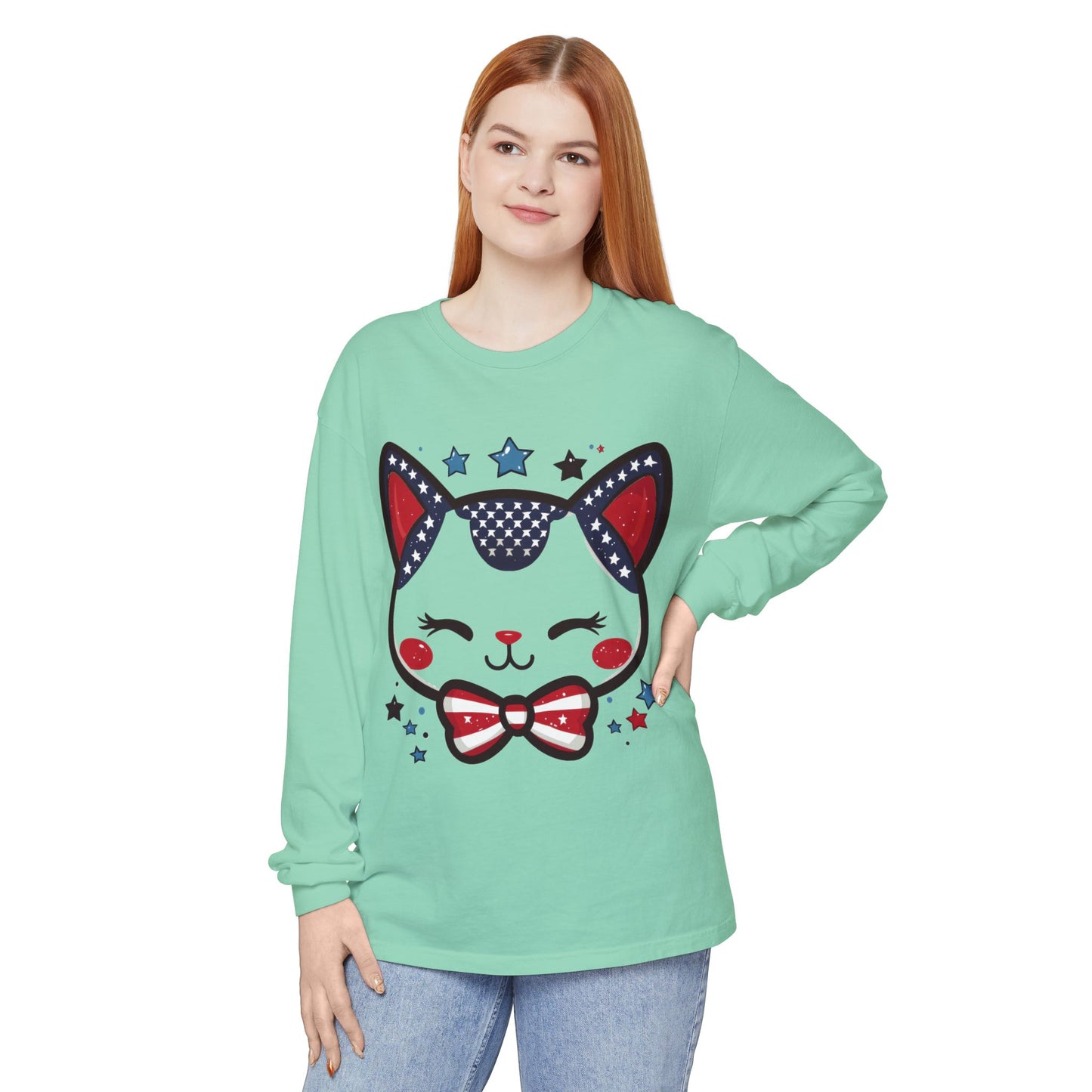 Cute Patriotic Cat Long Sleeve Women's T-Shirt, Fourth of July, Cat Lovers Gift, Casual Wear, Perfect for Holidays and Celebrations