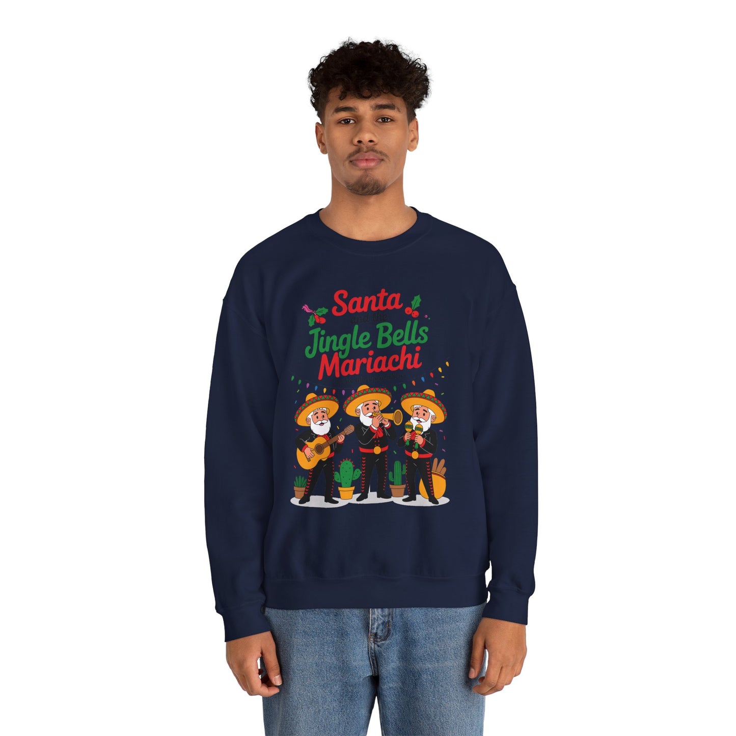 Santa and the Jingle Bells Mariachi Sweatshirt, Funny Mexican Christmas Jumper, Latin Holiday Fiesta Pullover