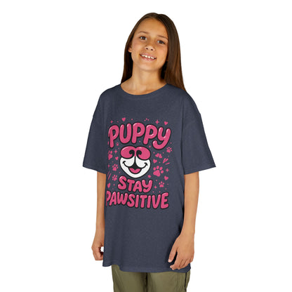 Puppy Stay Pawsitive Youth T-Shirt - Cute Positive Dog Shirt for Teens - Fun Puppy Paw Graphic Kids Tee, Kids Gift, Pet Lover Shirt
