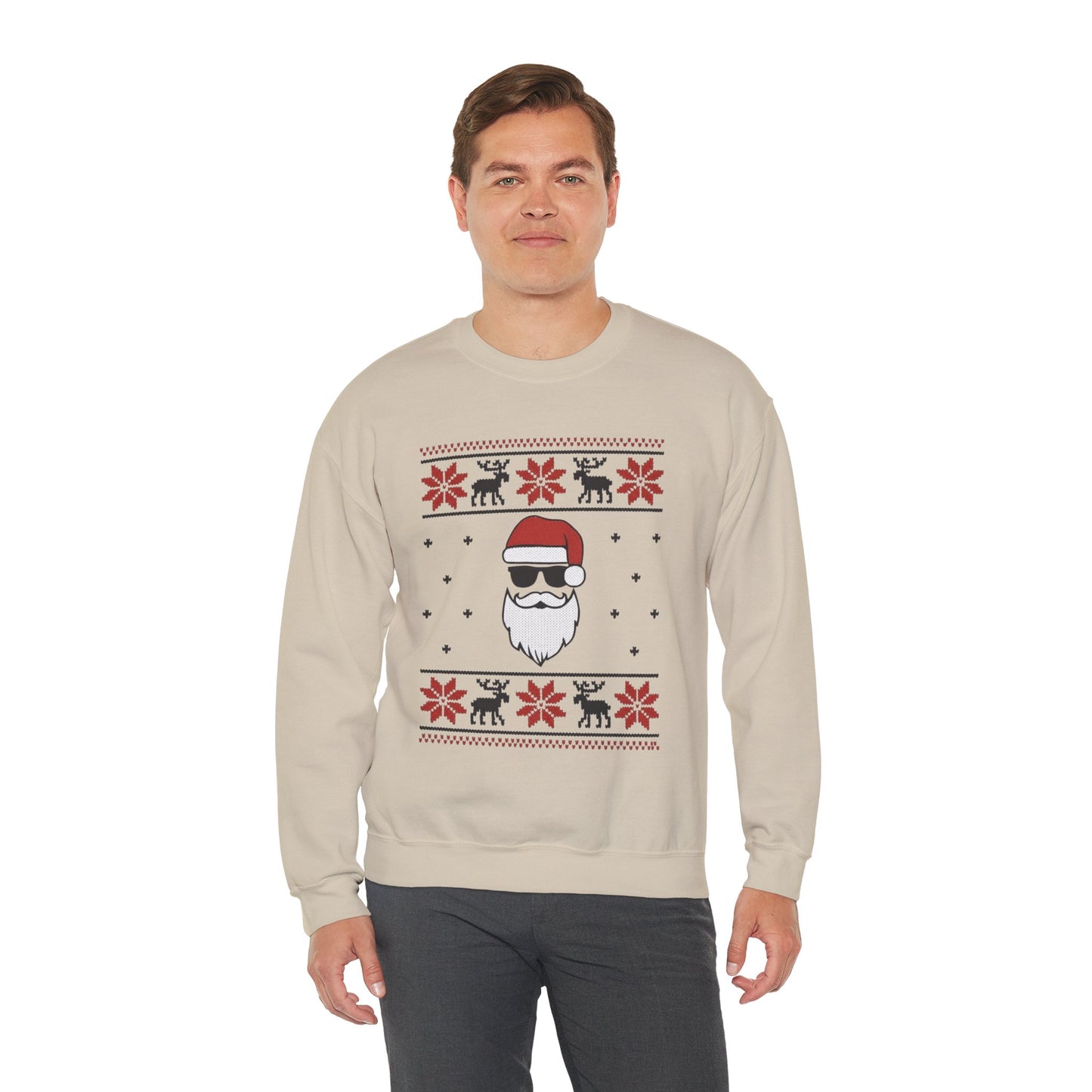 Cool Santa Men's Sweatshirt, Funny Knit Look Pullover, Retro Christmas Sweater Style
