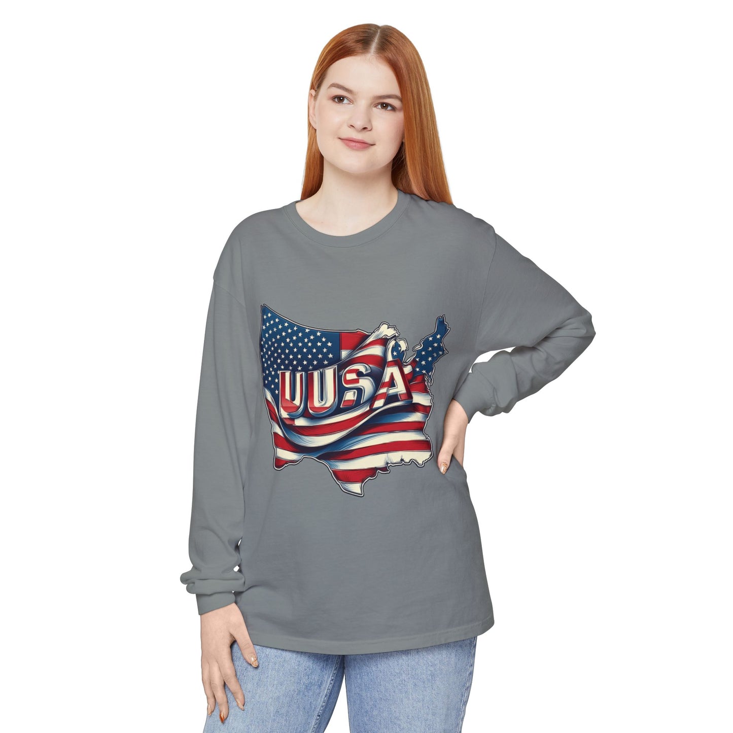 USA Flag Long Sleeve Tee, Unisex Garment-Dyed Shirt, Patriotic Top, All-American Apparel, Independence Day Style, Comfortable Casual Wear