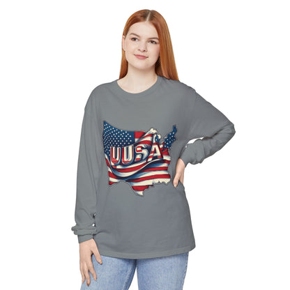 USA Flag Long Sleeve Tee, Unisex Garment-Dyed Shirt, Patriotic Top, All-American Apparel, Independence Day Style, Comfortable Casual Wear