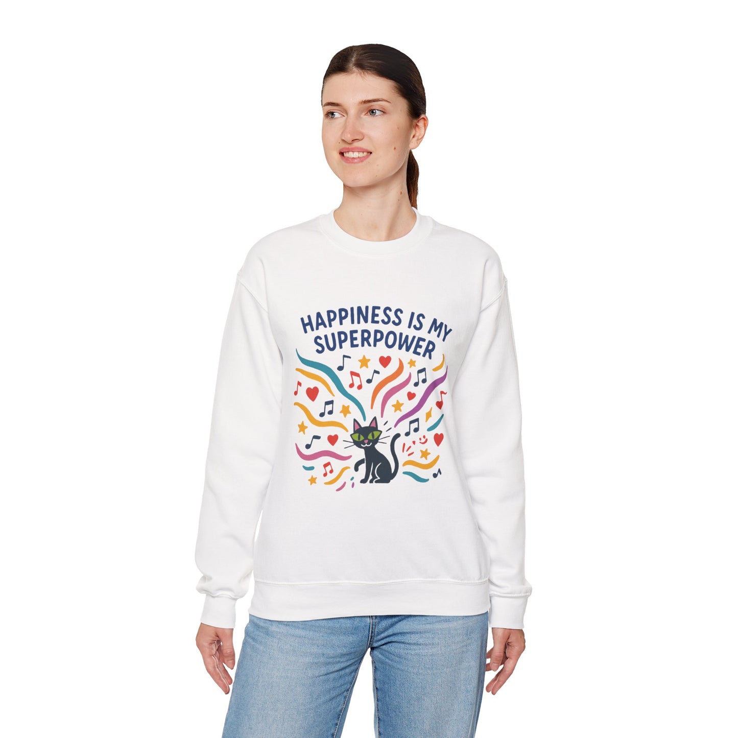 Playful Cat Crewneck Womens Sweatshirt, Happiness is My Superpower, Cozy Sweatshirt, Gift for Cat Lovers, Fun Casual Style, Unique Animal Design