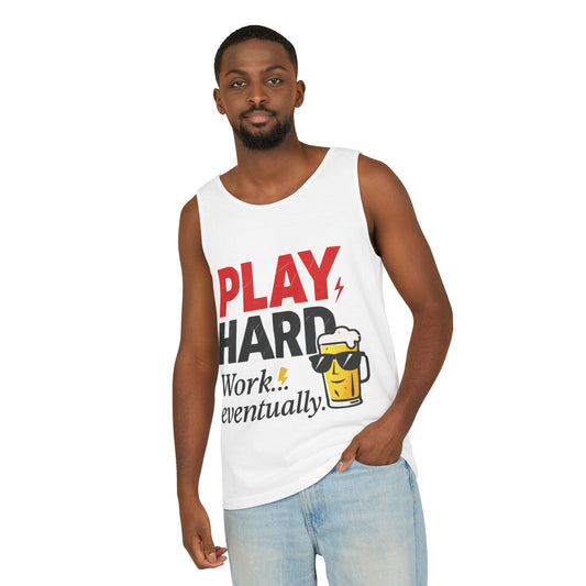 Casual Tank Top with Play Hard Print, Fun Summer Apparel, Gift for Dad or Friends, Beach Wear, Workout Top, Party Attire