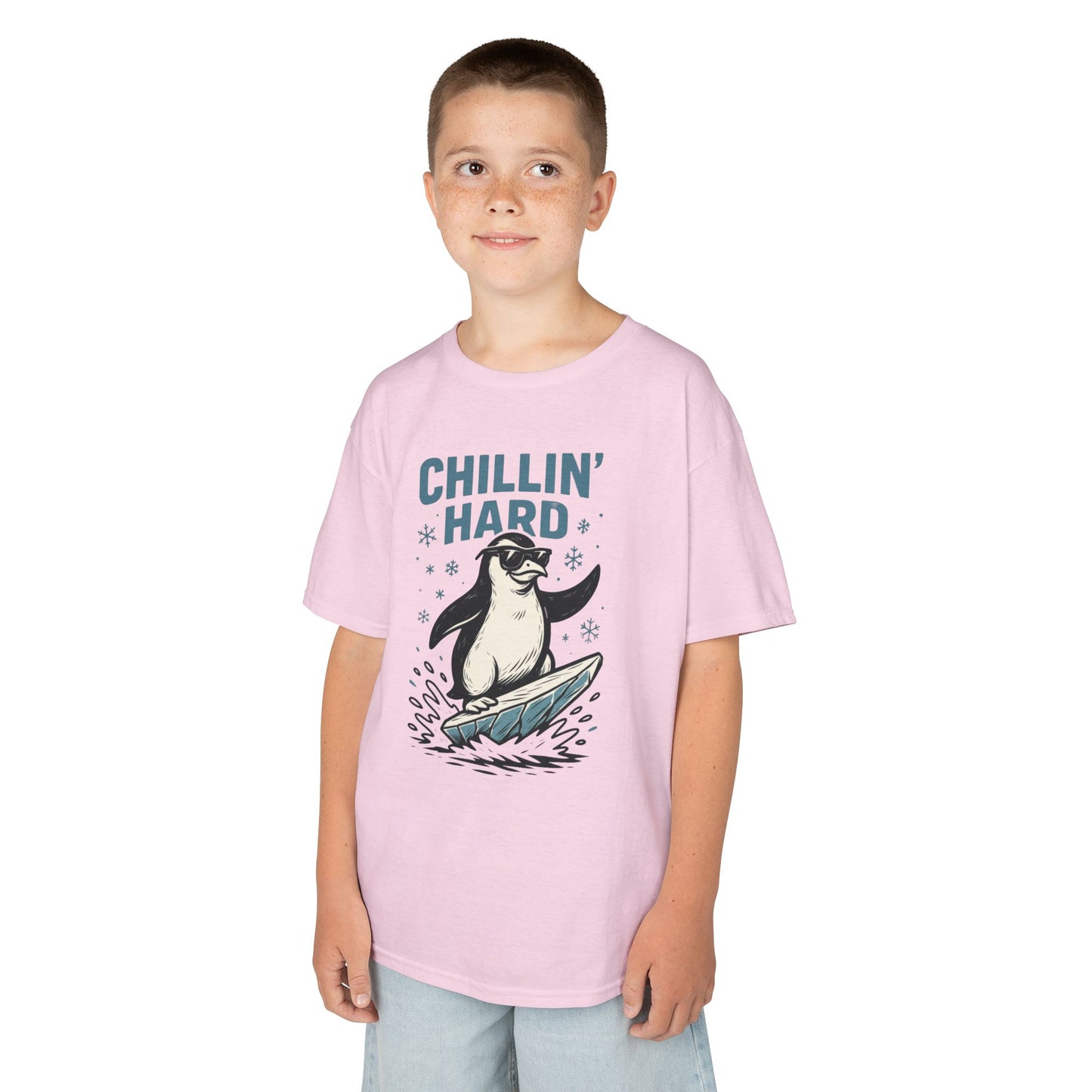 Kids Heavy Cotton™ Tee, Kids Chillin Hard Penguin T-Shirt, Funny Cool Animal Graphic Tee for Children