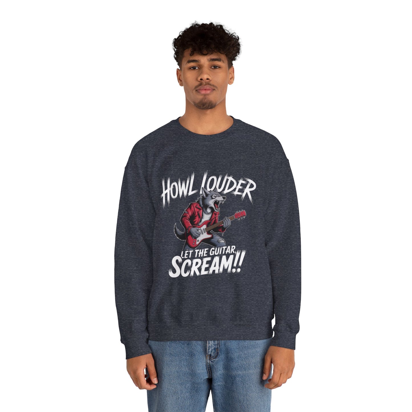 Howl Louder Wolf Sweatshirt, Let The Guitar Scream Pullover, Rock Guitar Animal Hoodie, Rocking Wolf Crewneck Sweatshirt, Music Lover Gift