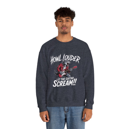 Howl Louder Wolf Sweatshirt, Let The Guitar Scream Pullover, Rock Guitar Animal Hoodie, Rocking Wolf Crewneck Sweatshirt, Music Lover Gift