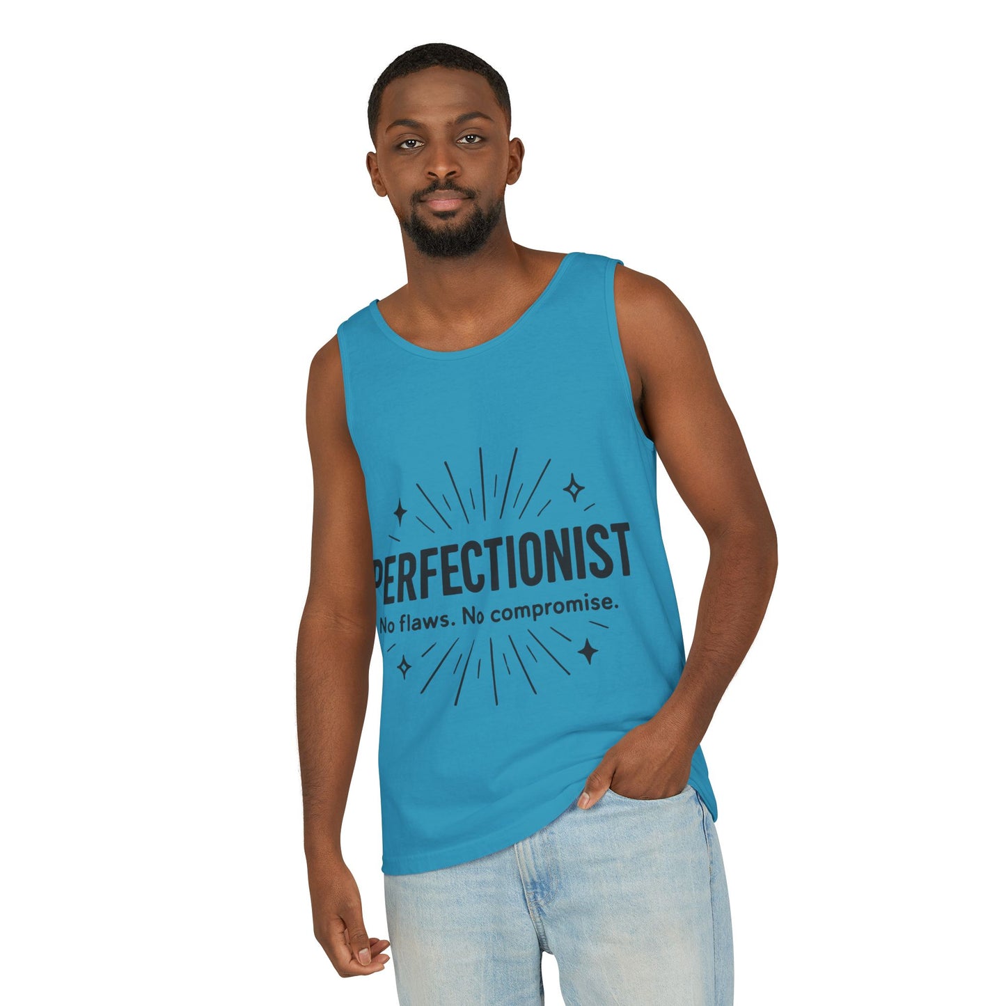 Mens Perfectionist Tank Top, No Flaws No Compromise, Minimal Bold Graphic Tee, Gift for OCD, Clean Freak, or Detail-Oriented Men
