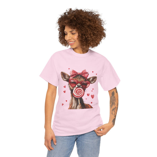 Cute Deer with Heart Glasses and Lollipop, Valentine's Day Heavy Cotton Tee, Fun Animal Love Shirt Gift for Her, Animal Lovers Shirt