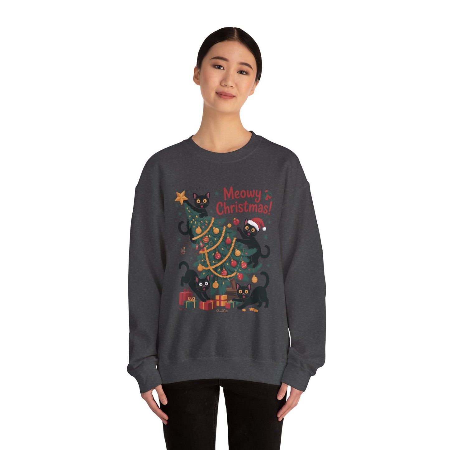 Black Cats Christmas Tree Sweatshirt, Funny Cat Lover Holiday Sweater, Cute Christmas Cat Chaos Jumper