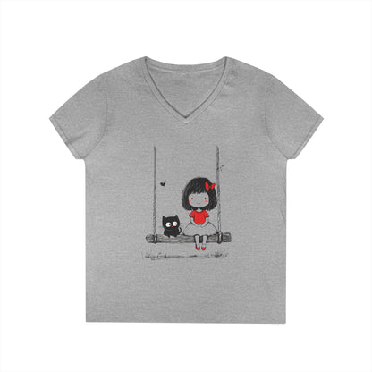 Cat Lover Girls' V-Neck T-Shirt, Gift for Birthday, Cat Lover T-Shirt, Cat Mom Gift