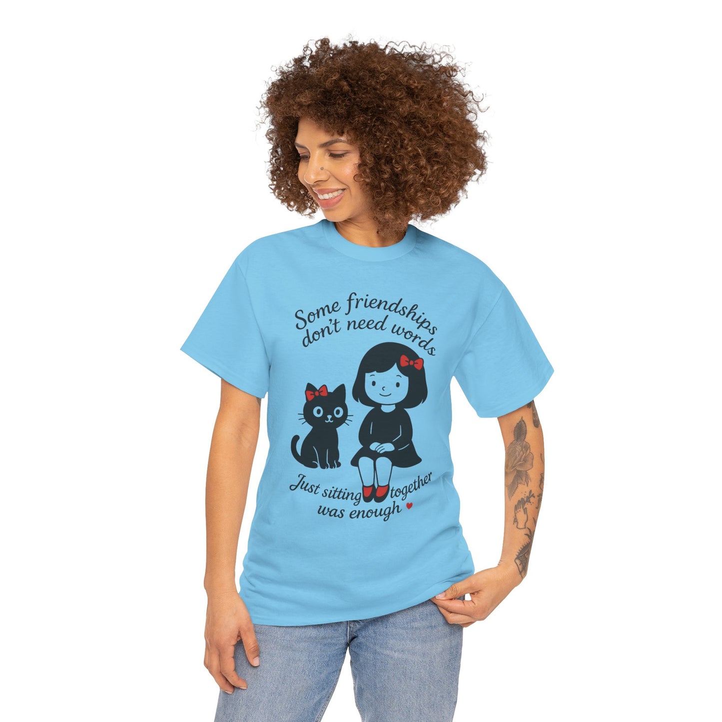 Cute Cat & Girl Graphic Tee, Playful Gift for Cat Lovers, Cat and Girl Design, Gift for Cat Owners, Women's Cotton T-Shirt