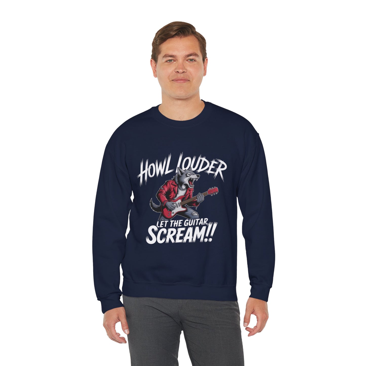 Howl Louder Wolf Sweatshirt, Let The Guitar Scream Pullover, Rock Guitar Animal Hoodie, Rocking Wolf Crewneck Sweatshirt, Music Lover Gift