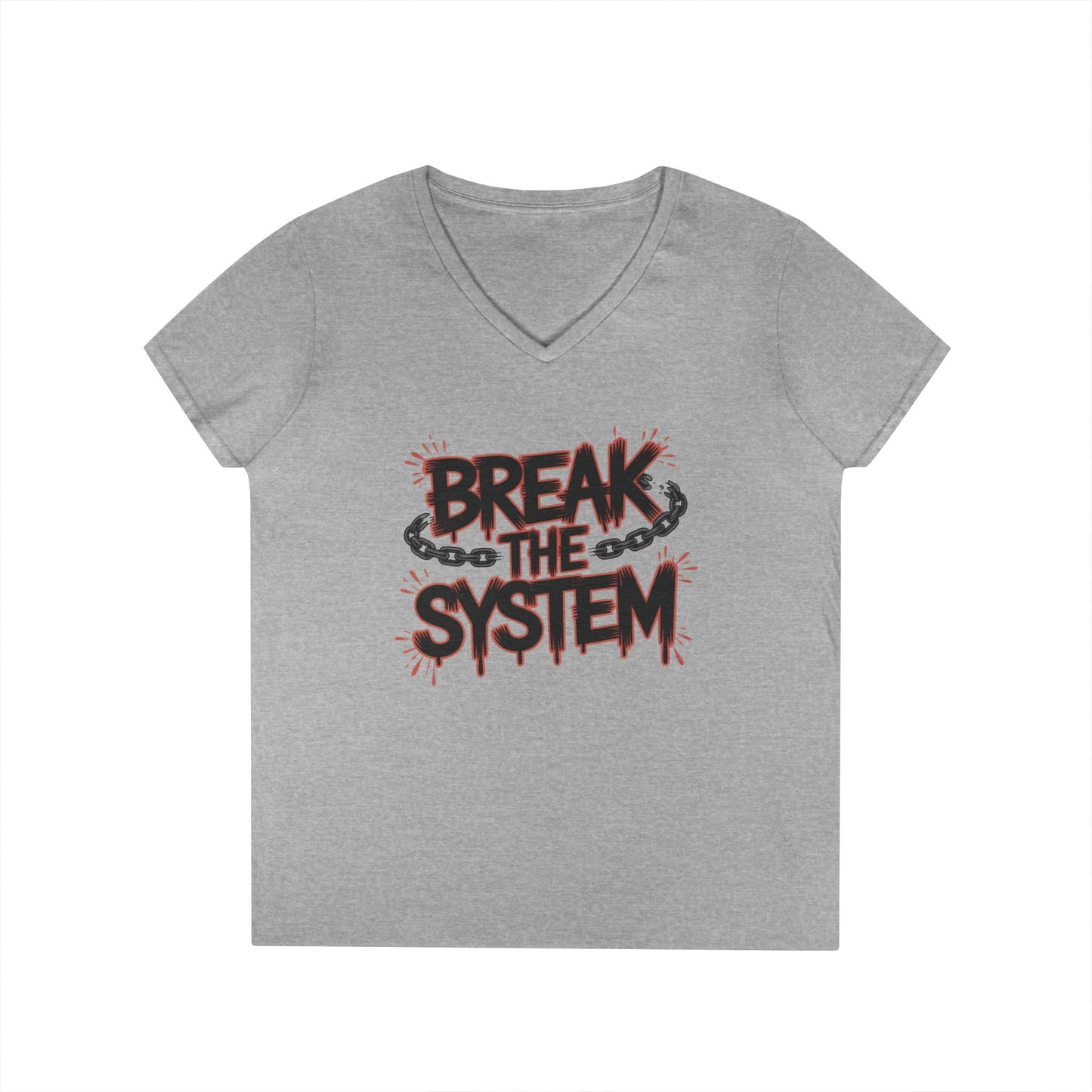 Ladies' V-Neck T-Shirt, Women's Graphic Tee, Break the System Shirt, Feminist Protest T-Shirt, Streetwear Gift for Her