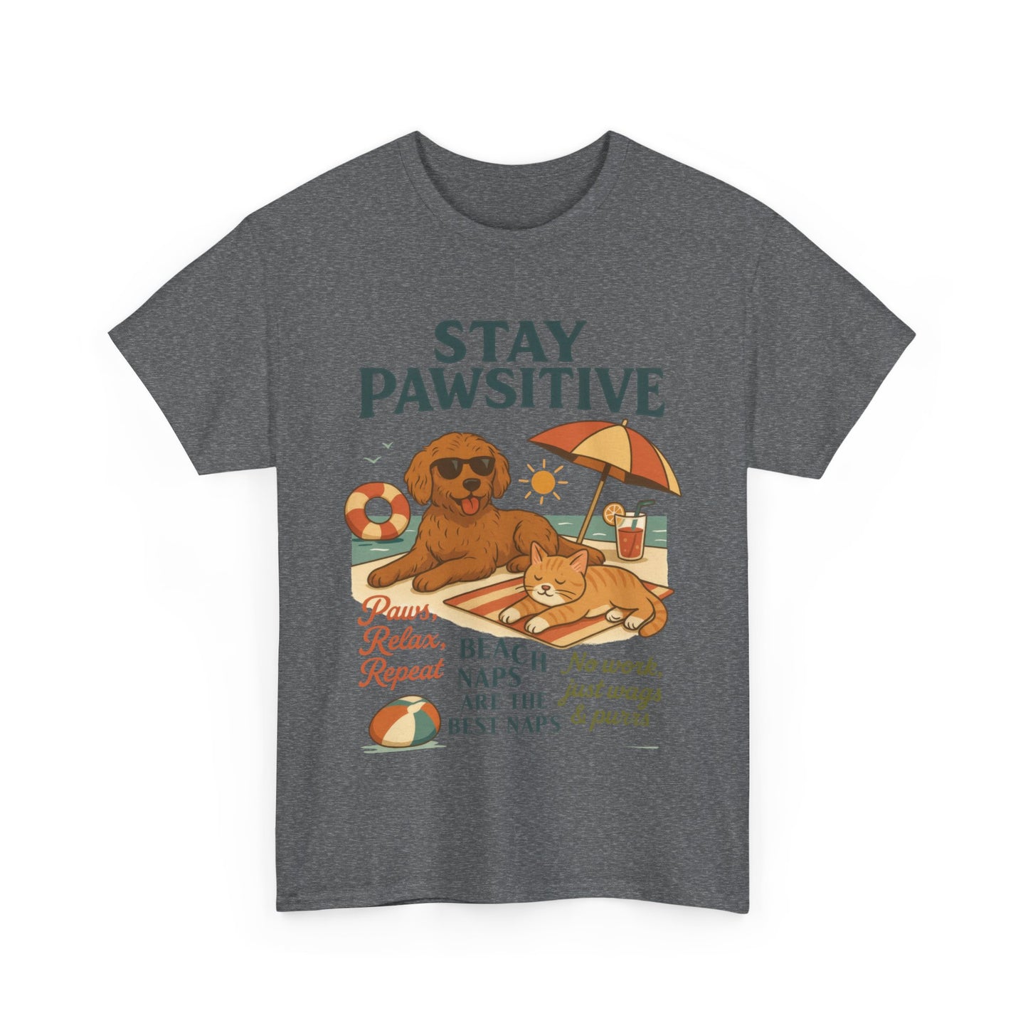Stay Pawsitive Womens T-Shirt, Cute Dog & Cat Beach Shirt, Summer Pet Lover Tee, Animal Graphic Heavy Cotton Tee, Fun Pet Lovers Gift