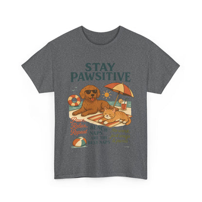 Stay Pawsitive Womens T-Shirt, Cute Dog & Cat Beach Shirt, Summer Pet Lover Tee, Animal Graphic Heavy Cotton Tee, Fun Pet Lovers Gift