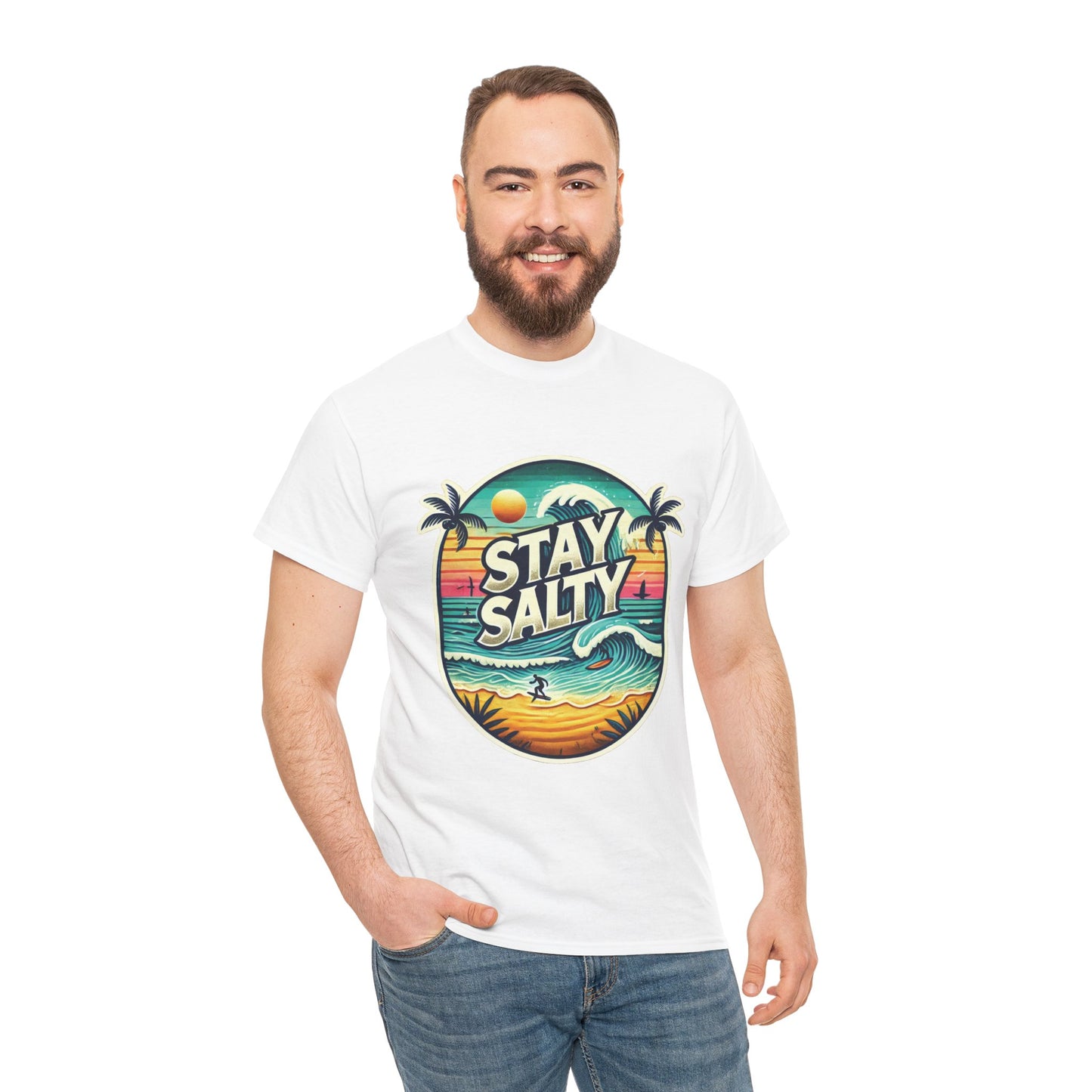 Stay Salty Retro Surf Unisex Heavy Cotton Tee, Vintage Beach Sunset Graphic T-Shirt, Summer Ocean Wave Surfer Shirt, Ocean Lover Gift