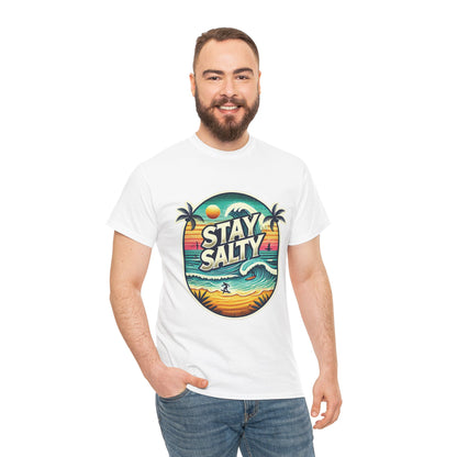 Stay Salty Retro Surf Unisex Heavy Cotton Tee, Vintage Beach Sunset Graphic T-Shirt, Summer Ocean Wave Surfer Shirt, Ocean Lover Gift
