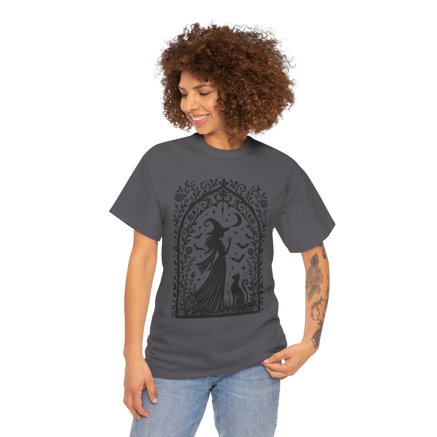 Gothic Witch & Cat Women's T-Shirt, Elegant Halloween Moon Silhouette Witchy Graphic Tee