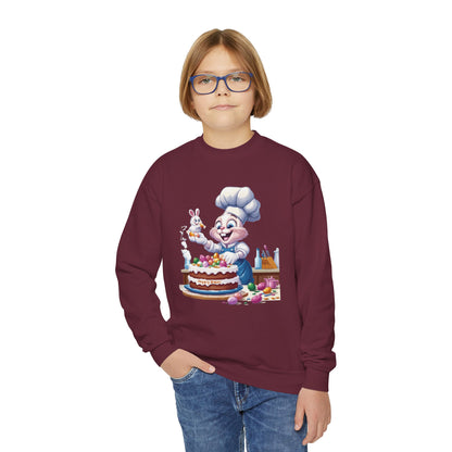 Hoppy Baker Easter Bunny Youth Sweatshirt - Cute Spring Crewneck for Kids with Chef Bunny and Cake, Fun Holiday Gift for Easter Lovers