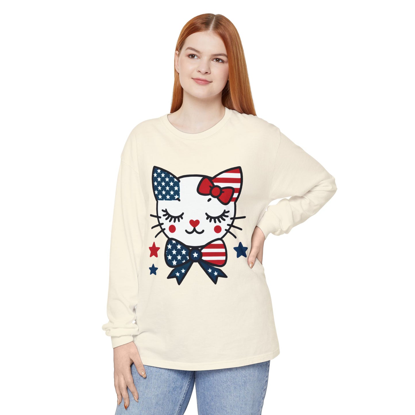 Patriotic Cat Long Sleeve T-Shirt, Women's Tee, Perfect for Fourth of July, Animal Lover Gift, Cozy Casual Wear, Holiday Apparel