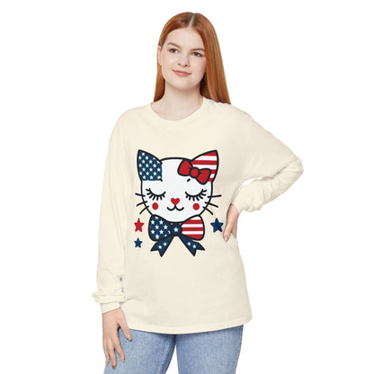 Patriotic Cat Long Sleeve T-Shirt, Women's Tee, Perfect for Fourth of July, Animal Lover Gift, Cozy Casual Wear, Holiday Apparel