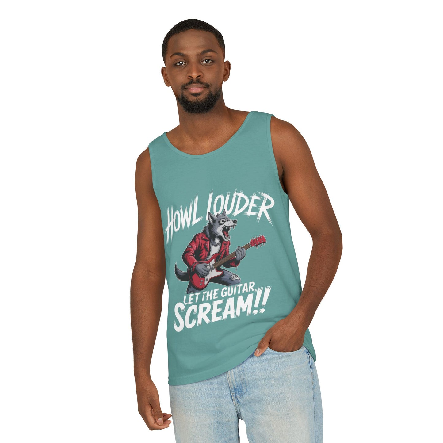Howl Louder Wolf Tank Top, Mens Muscle Shirt, Rock Guitarist Graphic Sleeveless Tee, Wolf Workout Gym Tank, Music Lover Gift