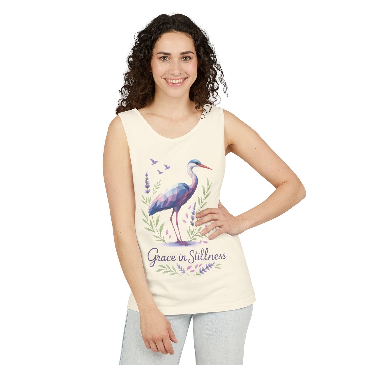 Polygonal Heron Graphic Tank, Womens Artistic Bird Summer Top, Geometric Crane, Bird Lovers Gift, Yoga Shirt, Fitness Apparel, Casual Wear