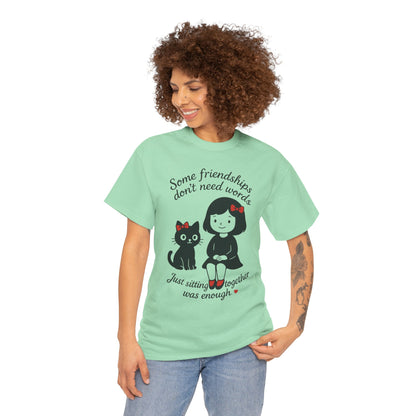 Cute Cat & Girl Graphic Tee, Playful Gift for Cat Lovers, Cat and Girl Design, Gift for Cat Owners, Women's Cotton T-Shirt