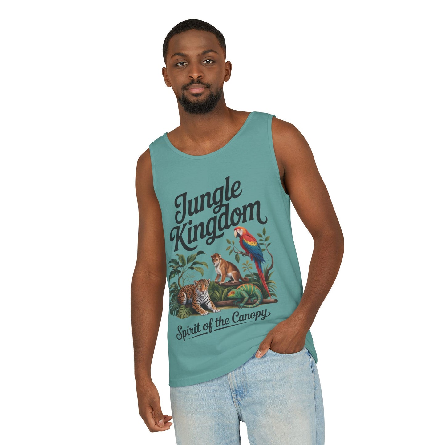 Jungle Kingdom Tank Top, Mens Garment-Dyed Sleeveless Shirt, Spirit of the Canopy Tee, Summer Outfit, Eco-Friendly Casual Wear