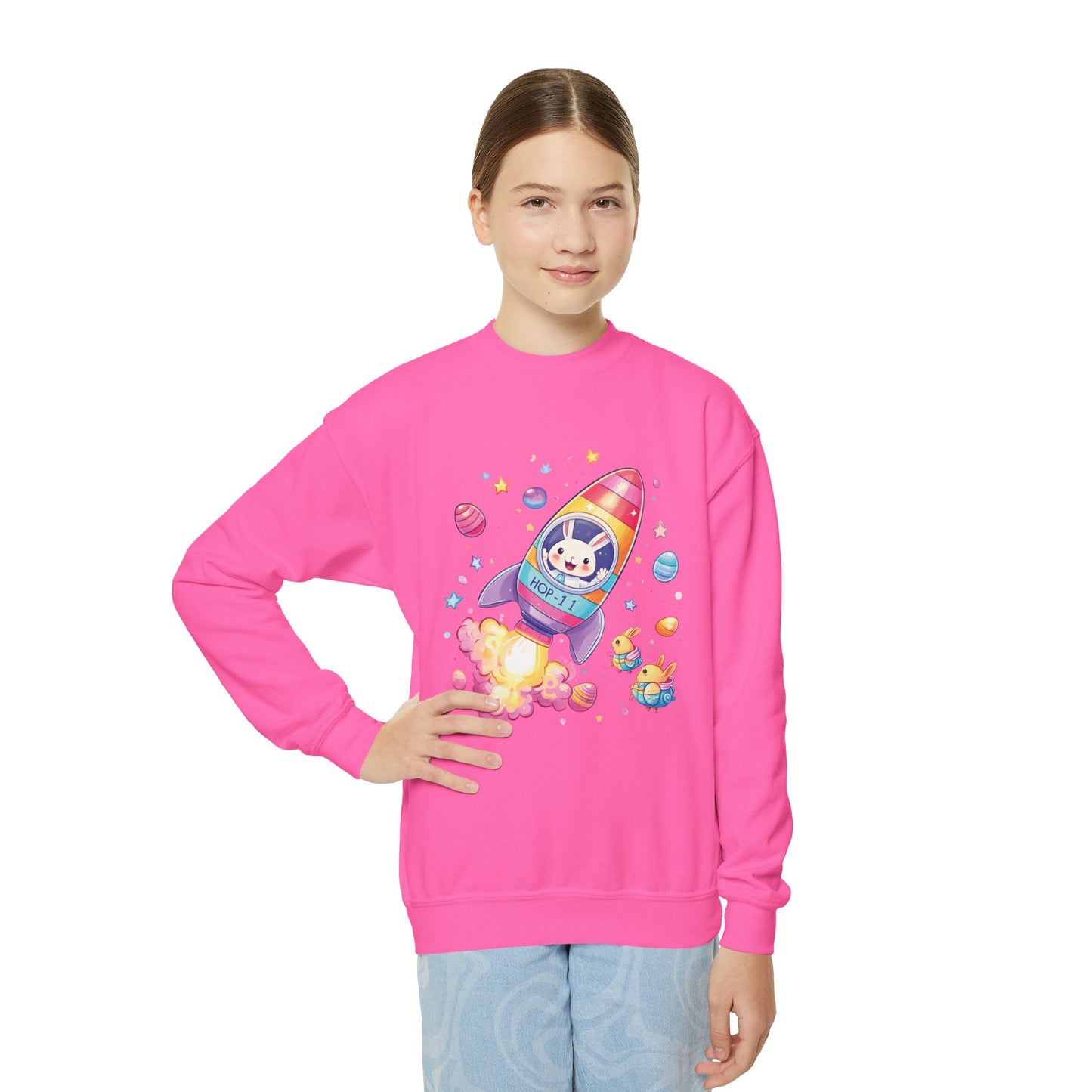 Astronaut Easter Bunny Youth Sweatshirt - Cute Rocket Bunny Design, Space Adventure Spring Shirt, Fun Holiday Gift for Kids