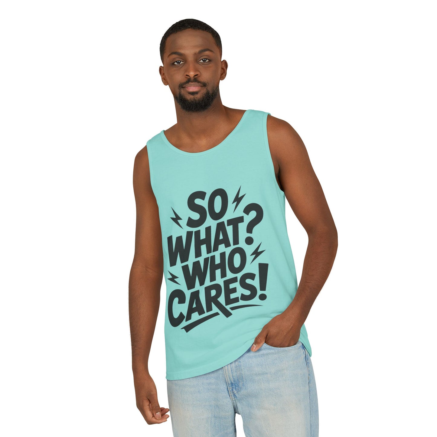 Mens Tank Top, "So What? Who Cares!", Casual Summer Wear, Beach Trip, Festival Outfit, Lightning Print, Sarcastic Summer Tee, Gym Tank