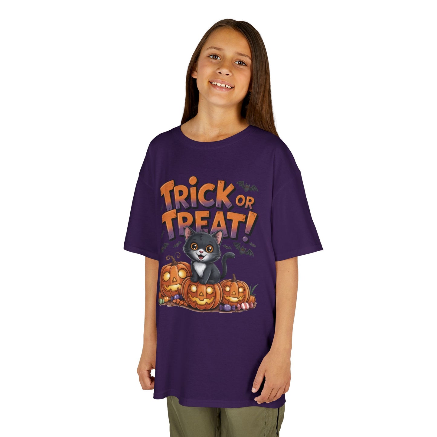 Girls Cute Black Cat Trick or Treat Halloween T-Shirt, Funny Pumpkin Cat Tee, Spooky Fall Shirt for Kids, Matching Family Halloween Shirts