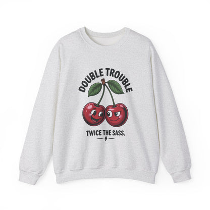 Double Trouble Cherry Sweatshirt, Cute Funny Womens Pullover, Twice The Sass Fruit Graphic Sweater, Playful Red Cherry Crewneck