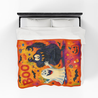 Cute Ghost and Monster Halloween Velveteen Plush Blanket, Fun Kids Throw, Spooky Cute Boo Design, Cozy Fall Blanket Gift