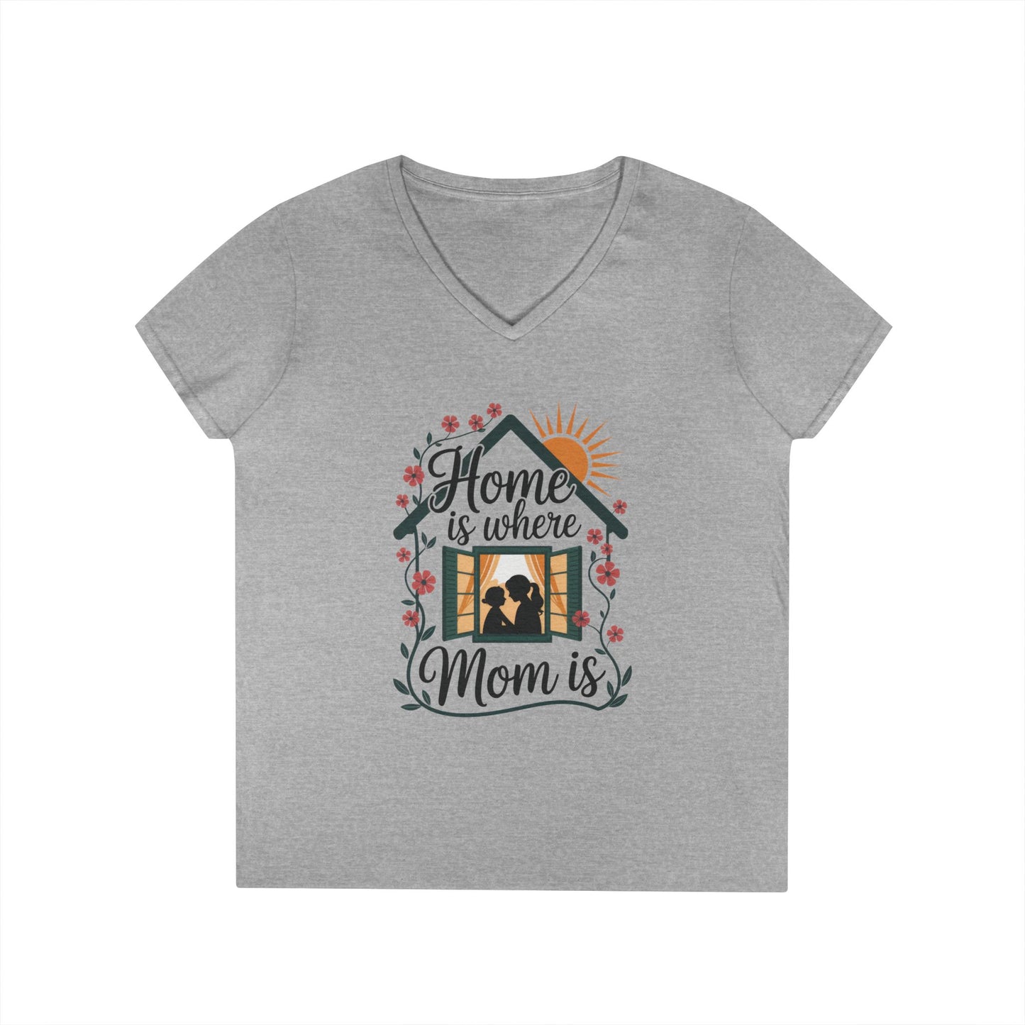 Home Is Where Mom Is V-Neck T-Shirt, Mother's Day Cotton Tee, Cute Family Gift for Mom, Sentimental Mom Shirt for Her, mother's day Gift