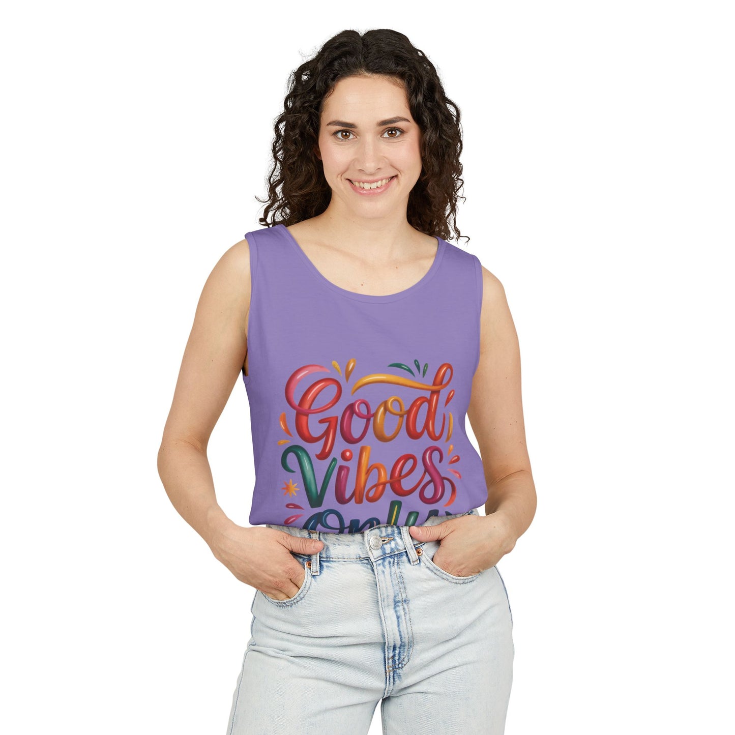 Good Vibes Only Unisex Garment-Dyed Tank Top, Summer Casual Wear, Festival Outfit, Beach Day Tee, Gift for Friends, Positive Vibes Apparel