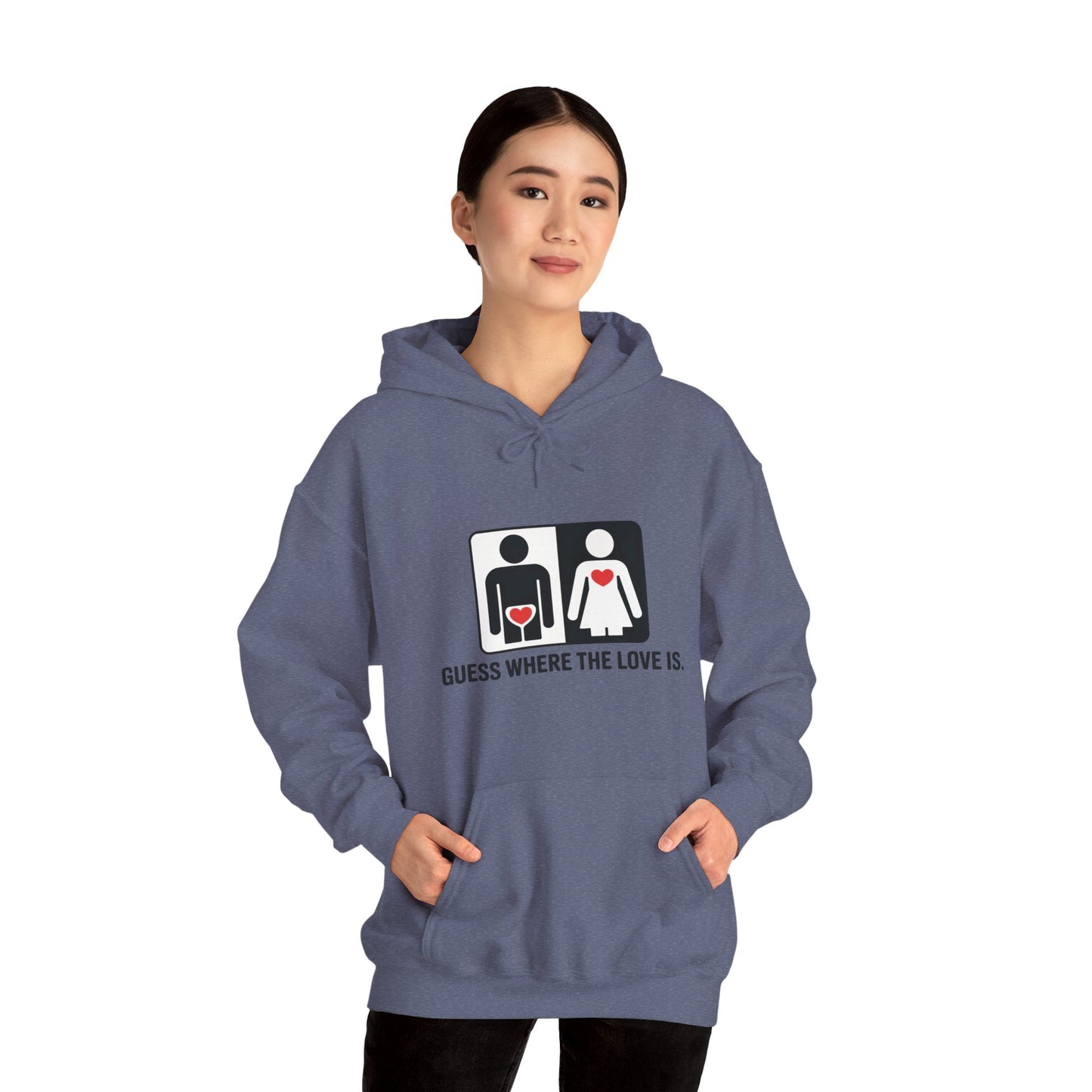 Cute Guess Where The Love Is Mens Hoodie, Sweatshirt for Couples, Valentines Day Gift, Relationship Humor Hoodie, Bold Love Joke Hoodie