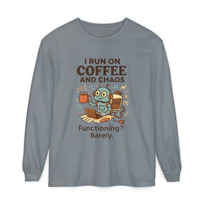 Coffee Chaos Long Sleeve Tee, Funny T-Shirt, Quirky Gift for Coffee Lovers, Unisex Top for Busy Lives, Work from Home Humor Tee